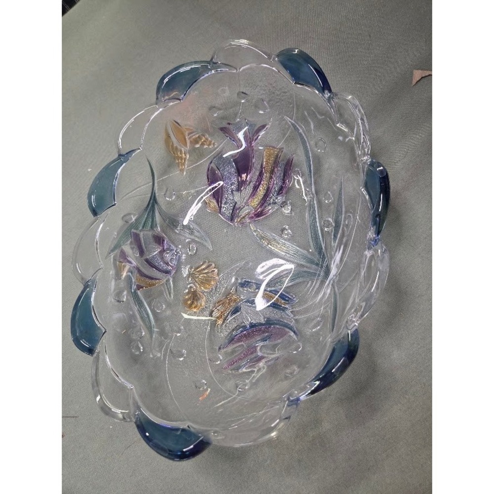 Tropical Fish Glass Serving Bowl Iridescent Scalloped Edge 13 Inch Mikasa